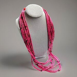 Vintage Pink Trade Bead Necklace 30" Recycled Glass Eight Strand Wood Accents